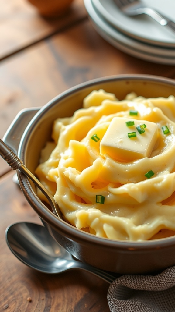 A bowl of creamy mashed potatoes with butter and chives on a wooden table.
